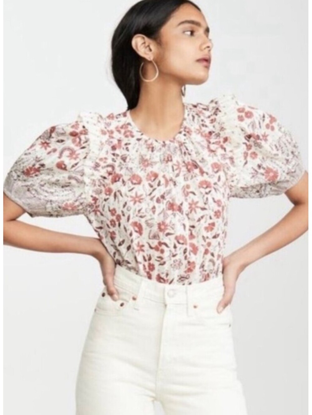 ULLA JOHNSON white floral Arbor short sleeve cotton blouse sz 4